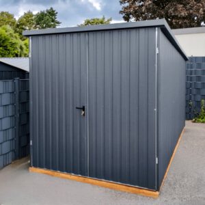 Метален гараж 2x3 м – двукрила врата, акрилно покритие, графит RAL 7016, с обшивки